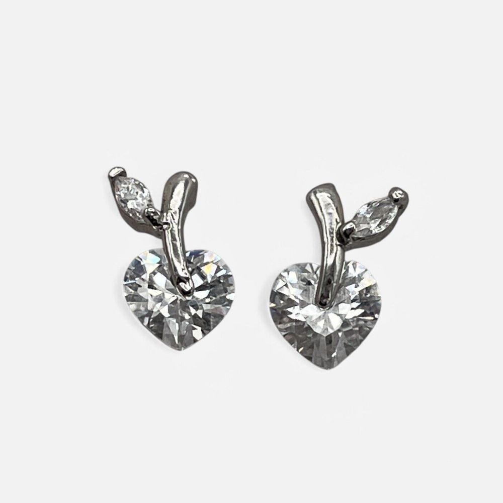 Crystal Heart Apple Silver Earrings Post Stud